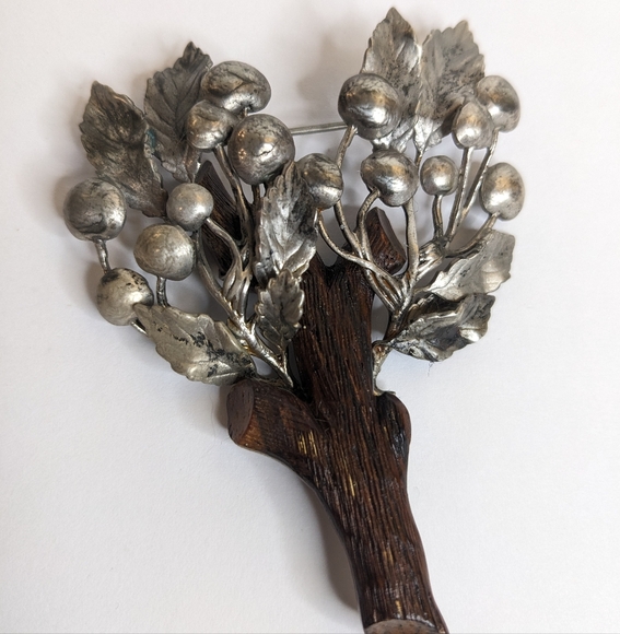 Carl Art Sterling Tree Brooch – Silver & Wood Nature‎ Pin (2.5” x 3”)